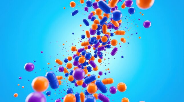 Playful vertical stream of floating glossy miniature spheres and capsule-shaped objects in bright orange, cobalt blue and violet against a vibrant sky-blue background, abstract premium CGI, colorful