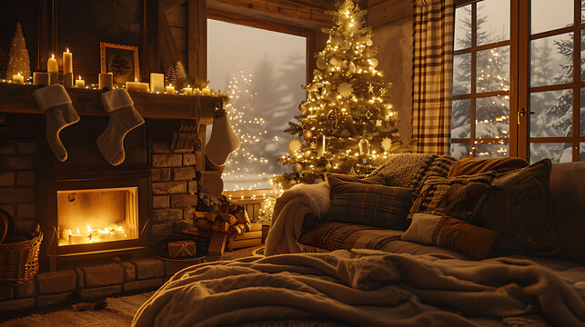 Cozy rustic Christmas living room with glowing fireplace, beautifully decorated Christmas tree, warm fairy lights, festive stockings, comfortable sofa and snowy winter scenery through windows, creatin