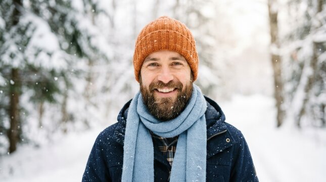 Smiling bearded man wearing an orange knit beanie and pale blue scarf outdoors in snow, friendly winter lifestyle portrait, soft high-key background, warm face tones and casual seasonal styling.