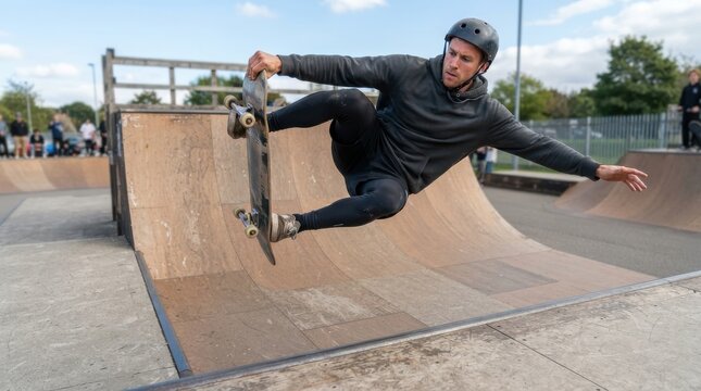 Skateboarder performing a trick on a halfpipe ramp