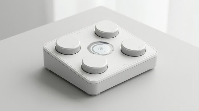 Minimal white control device with four large circular knobs and a central indicator, product photography, high-key white and gray palette, clean industrial design, soft shadows and modern audio or