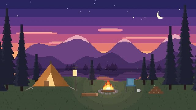Pixel art campsite with campfire and tent at dusk with fireflies loop