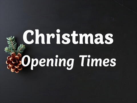 Christmas Opening Times business schedule sign banner with pinecone on dark chalkboard