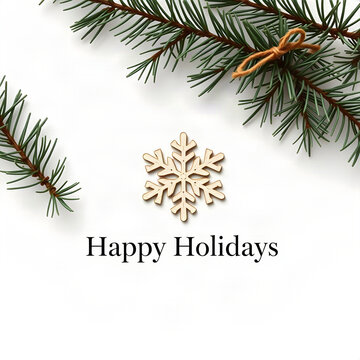 Happy Holidays minimalist banner with wooden snowflake and pine needles on white paper