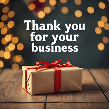 Thank you for your business holiday appreciation banner with gift box and red ribbon on wood