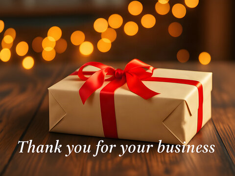 Thank you for your business holiday appreciation banner with gift box and red ribbon on wood