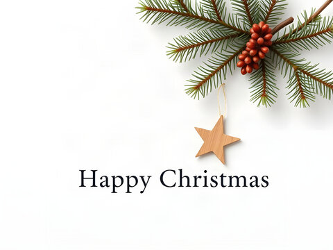 Happy Christmas commercial banner with pine sprig and wooden star on white paper background