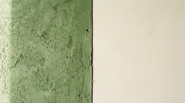 Abstract green textured plane meeting a smooth pale cream wall at a sharp vertical edge, minimalist architectural material photography, sage and moss palette, soft grazing light, tactile roughness and