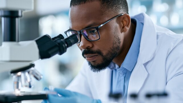 Black scientist examining specimen through microscope in laboratory. Scientific research and laboratory testing. Medical diagnostics, biology and healthcare. Research innovation