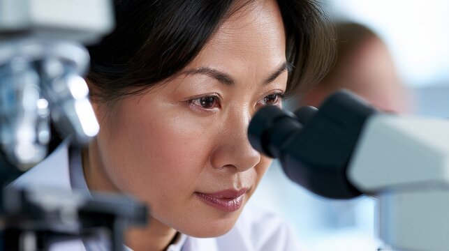 Scientist examining sample through microscope in laboratory. Medical research and scientific discovery. Laboratory diagnostics, microscopy and biotechnology. Healthcare innovation
