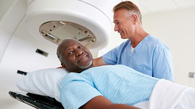 Male patient lying on radiotherapy table with healthcare professional beside him. Radiation oncology treatment and cancer care. Medical technology and patient support.