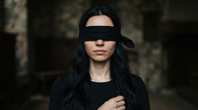 Woman with black blindfold covering her eyes