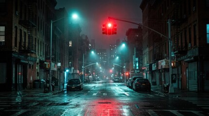 Fototapeta premium Empty urban street at night with glowing red traffic light and teal street illumination, cinematic city photography, wet pavement reflections, dark atmospheric surroundings, red and cyan color