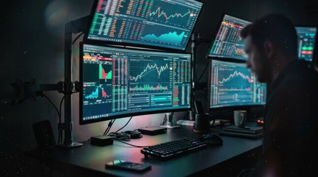 Glowing financial charts and market data displayed on multiple monitors in a dark room, fintech photography, red, green and cyan highlights, shallow depth of field, investment, trading and