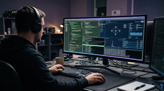 Software developer working at a large monitor filled with colorful code and interface panels, technology workplace photography, hands on mouse and keyboard, muted purple-gray background, screen glow,