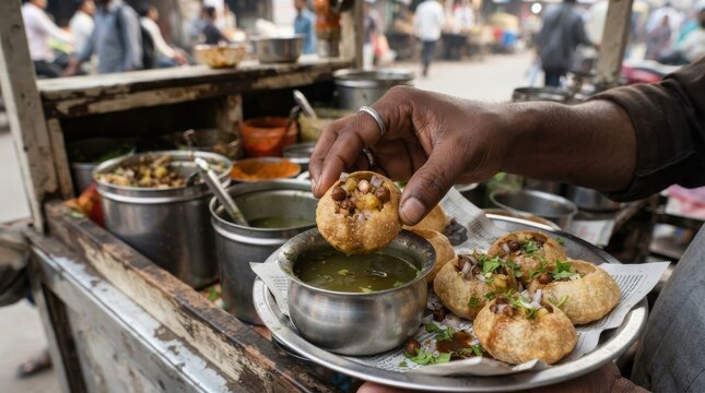 Person eating street food pani puri in a bustling market