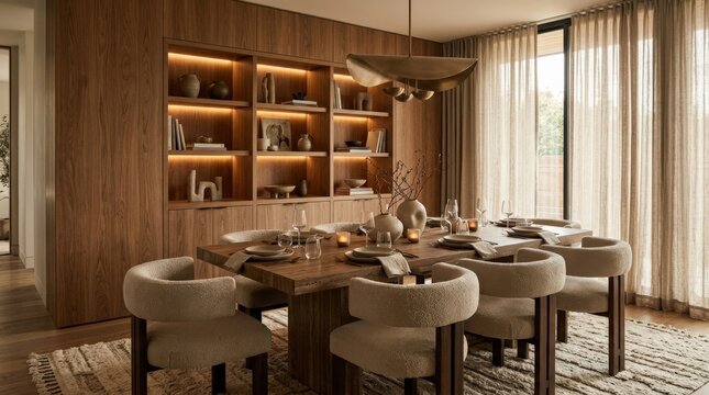 Warm modern dining room with wood-paneled walls, curved upholstered chairs and built-in shelving, premium interior photography, brown and beige palette, soft ambient lighting, hospitality, home design