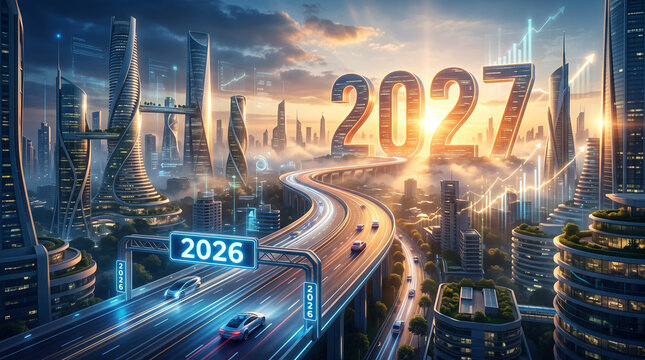 Futuristic cityscape with glowing skyscrapers, elevated highways, and digital elements, symbolizing progress, innovation, and roadmap to business strategy planning for 2027