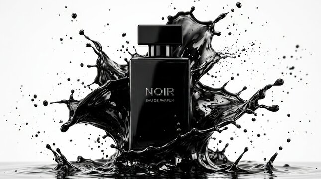 Black rectangular perfume or cosmetic bottle surrounded by explosive liquid splashes on a bright white background, high-speed product photography, monochrome ink-like droplets, crisp frozen motion and