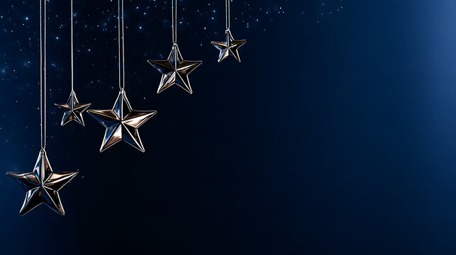 Elegant Christmas background with hanging silver stars, sparkling lights and deep midnight blue gradient. Luxurious festive design with copy space for holiday greetings, invitations and seasonal promo
