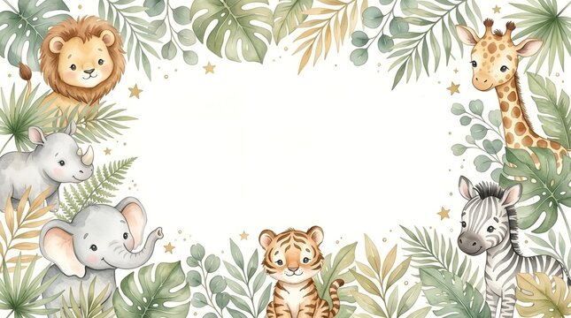 Cute wild animals with jungle leaves frame featuring lion giraffe elephant tiger and zebra in watercolor style design
