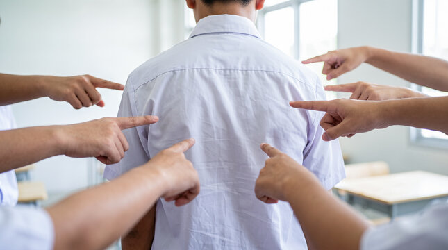 Multiple classmates pointing fingers at back of male student wearing white uniform shirt inside classroom, blaming victim during school day