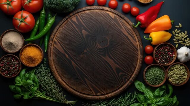 Overhead view of an empty wooden cutting board surrounded by fresh vegetables and spices