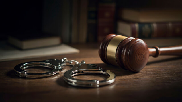 A close-up view of polished steel handcuffs and a classic wooden judge gavel resting on an antique wooden courtroom desk, with blurred legal reference books in the shadowy background