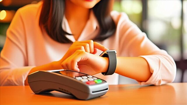 Woman using smartwatch for contactless payment on EDC POS terminal reader in cafe.