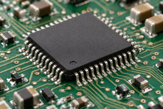 Microchip and Soldered Leads on a Green Printed Circuit Board