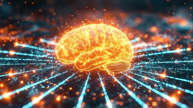 Abstract glowing human brain with bioluminescent neural pathways, futuristic artificial intelligence concept, digital mind, advanced neuroscience 