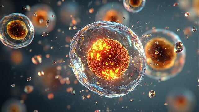 Biological sample with dense clusters of cellular structures and suspended particles, microscopic life, scientific research, cellular biology