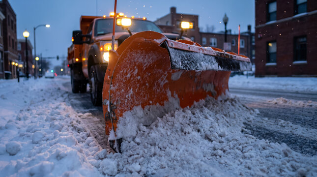 A low angle close up shot of a bright orange snowplow truck clearing heavy white snow from a city street during a cold winter evening, featuring glowing headlights and municipal maintenance work