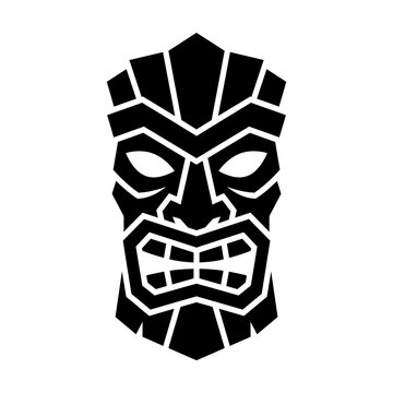 Black and white tribal tiki mask vector illustration featuring a traditional Polynesian carved totem face with a fierce expression, isolated on a white background for graphic design.