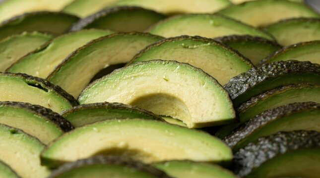 Extreme close-up of overlapping avocado slices arranged in a repeating pattern, food macro photography, creamy pale-green flesh, dark brown skin edges, soft gloss and fresh healthy eating background.