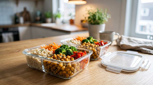 Glass meal prep containers filled with nutritious brown rice, chickpeas, broccoli, and carrots sit on a wooden kitchen counter, ready for healthy eating, weight management, and weekly lunch planning