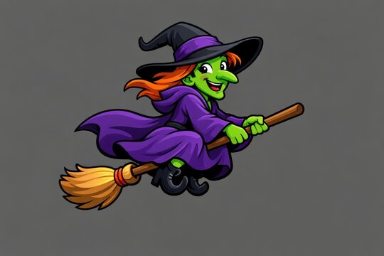 Cartoon witch flying on broomstick illustration.
