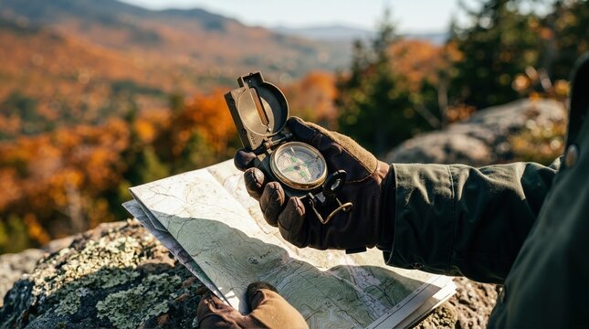 Hiker holding magnetic compass and topographic map on mountain peak. Navigation and orienteering in autumn