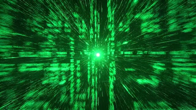 Green futuristic digital data tunnel with glowing matrix lines and cyber grid perspective, abstract information flow, big data technology and network