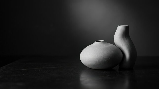 Minimal black-and-white still life of two rounded ceramic objects on a dark reflective surface, sculptural product photography, strong negative space, soft spotlight and elegant monochrome design