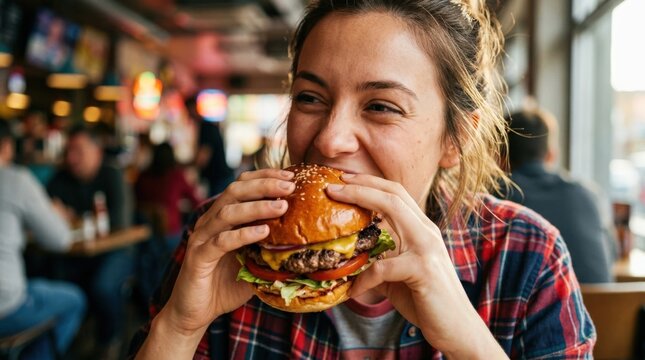 Joyful woman taking a large bite from a burger, close-up lifestyle food photography, expressive eyes, natural skin texture, warm golden bread and fresh ingredients, colorful casual background, soft