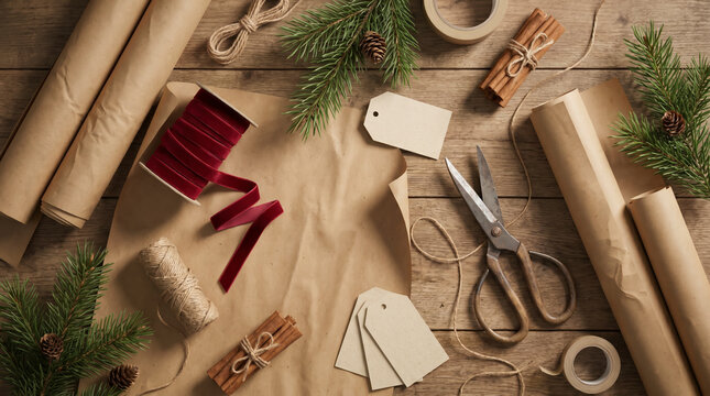 An overhead flat lay photo showcasing Christmas gift wrapping supplies arranged nicely on a rustic wooden surface with brown paper, twine, pine branches, cinnamon sticks, and red ribbon