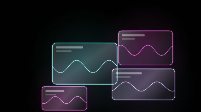 Floating glassmorphism UI cards with frosted panels, neon glow edges and animated mini charts on pure black, seamless 10 second 4K overlay loop for app promos and tech presentations.