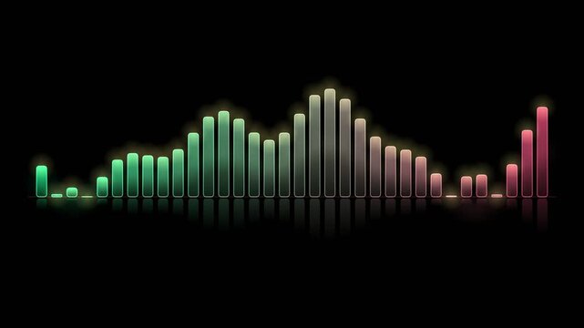 Animated market depth and volume bar chart rising and falling with glowing neon edges on pure black, seamless 10 second 4K overlay loop for trading and business presentations.