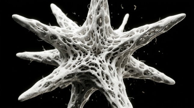 White porous organic star-shaped structure isolated on a deep black background, microscopic or biomorphic 3D render, intricate sponge-like cavities, matte chalk texture, dramatic studio lighting,