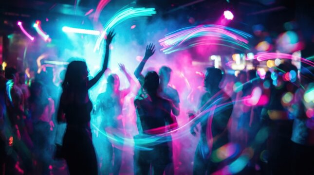 Small group of people moving or dancing through blue and magenta light, intentionally blurred silhouettes and motion trails, cinematic nightlife photography, cyan-pink neon palette, dreamy shallow
