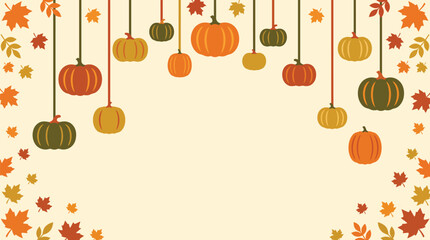 A charming thanksgiving vector background featuring suspended pumpkins and vibrant autumn leaves perfect for seasonal designs and festive holiday celebrations and greetings © MstFatema