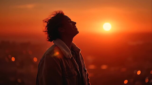 Silhouette of a man spreading his arms against a golden sunset, feeling free, embracing life, inner peace, inspiration