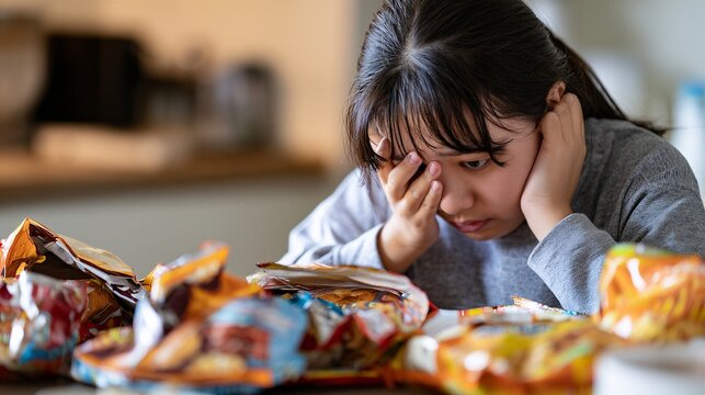 Young Asian distressed woman sits amid snack wrappers, touching her face. Her worried expression shows visible distress and food anxiety. Eating disorder awareness and support for disordered eating.