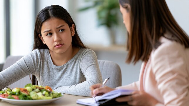 Teen woman with food looks toward counselor while seated at table. Her worried expression accompanies a plate of salad. Eating disorder support and nutrition counseling encourage recovery.